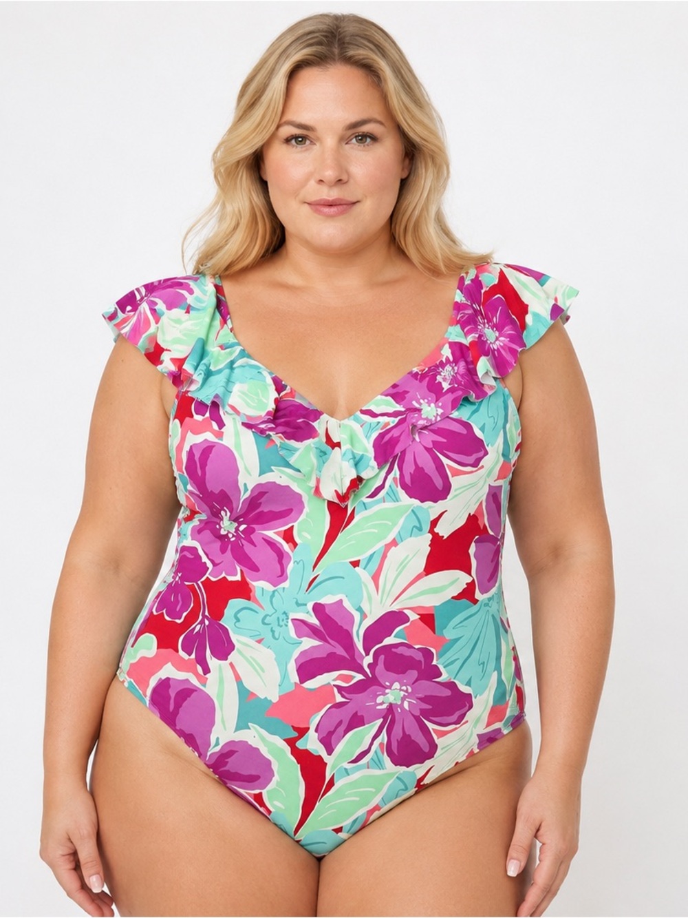 Susan Graver Soleil Shoulder Ruffle One-Piece Swimsuit Pink Floral Size 22W NWT